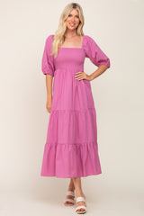 Fuchsia Square Neck Smocked Tiered Maxi Dress