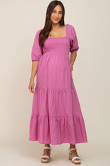 Fuchsia Square Neck Smocked Tiered Maternity Maxi Dress