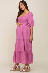 Fuchsia Square Neck Smocked Tiered Maternity Maxi Dress