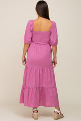 Fuchsia Square Neck Smocked Tiered Maternity Maxi Dress