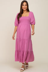 Fuchsia Square Neck Smocked Tiered Maternity Maxi Dress