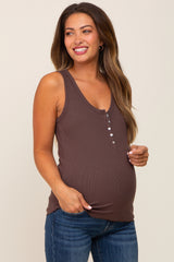 Brown Ribbed Button Front Maternity Tank Top