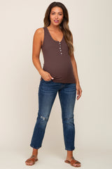 Brown Ribbed Button Front Maternity Tank Top