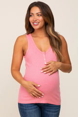 Pink Ribbed Button Front Maternity Tank Top