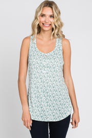 Green Floral Front Button Accent Tank