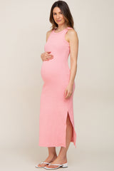 Pink Ribbed Fitted Maternity Midi Dress