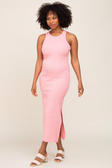 Pink Ribbed Fitted Midi Dress