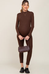 Brown Ribbed Maternity Jumpsuit