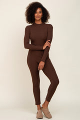 Brown Ribbed Maternity Jumpsuit