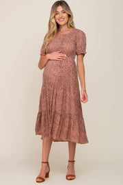 Peach Animal Print Smocked Maternity Midi Dress