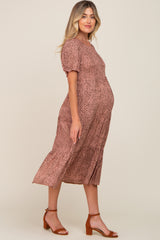 Peach Animal Print Smocked Maternity Midi Dress