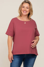 Burgundy Oversized Short Cuffed Dolman Sleeve Maternity Tee