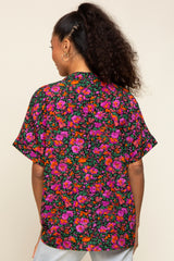 Black Floral V-Neck Short Dolman Sleeve Top