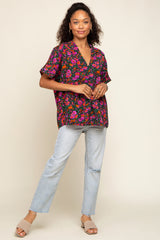 Black Floral V-Neck Short Dolman Sleeve Top