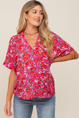 Fuchsia Floral V-Neck Short Dolman Sleeve Maternity Top