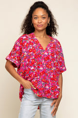 Fuchsia Floral V-Neck Short Dolman Sleeve Maternity Top