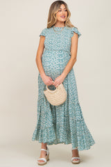 Teal Floral Tiered Maternity Maxi Dress