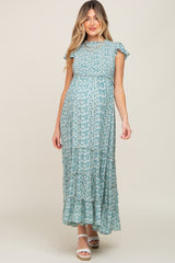 Teal Floral Tiered Maternity Maxi Dress