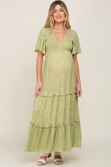 Sage Floral Ruffle Accent Tiered Maternity Midi Dress