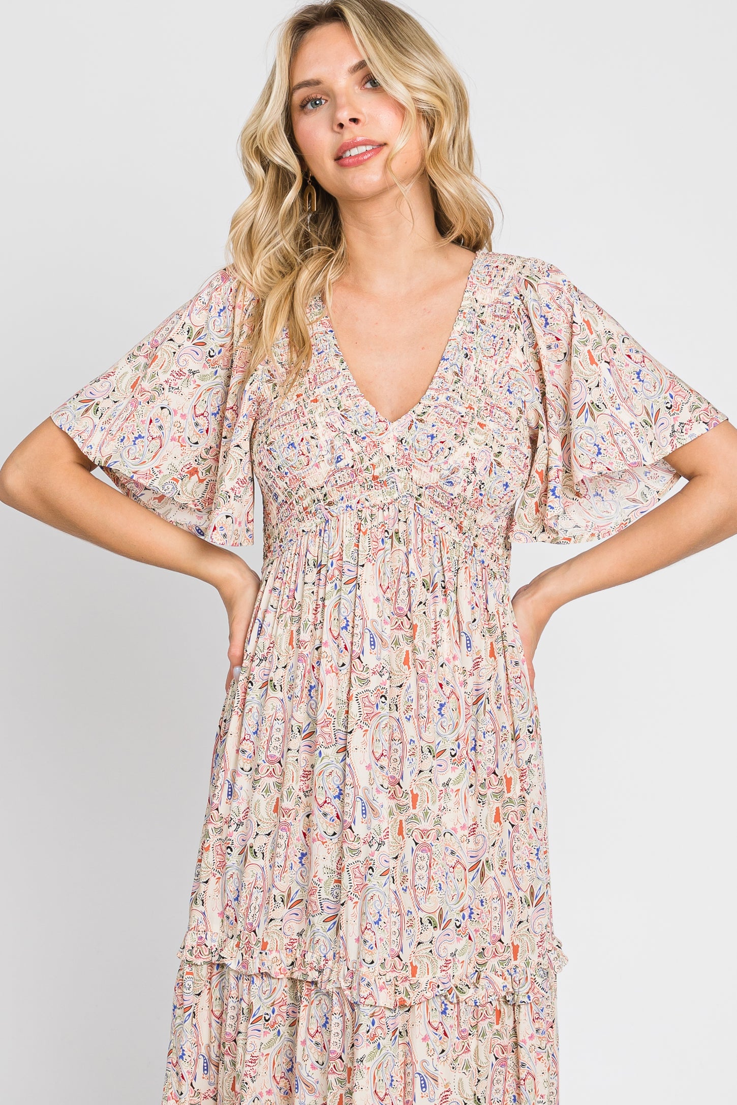 Cream Paisley Ruffle Accent Tiered Midi Dress – PinkBlush