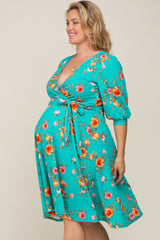 Mint Green Floral Wrap Front V-Neck Maternity Plus Dress