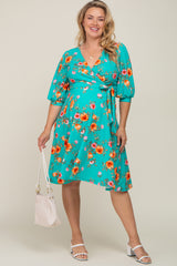 Mint Green Floral Wrap Front V-Neck Maternity Plus Dress