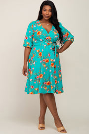 Mint Green Floral Wrap Front V-Neck Plus Dress