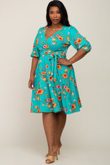 Mint Green Floral Wrap Front V-Neck Plus Dress