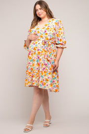 Yellow Floral 3/4 Sleeve Wrap Maternity Plus Dress