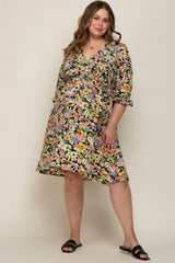 Black Floral 3/4 Sleeve Wrap Maternity Plus Dress