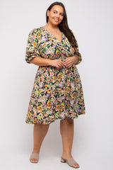 Black Floral 3/4 Sleeve Wrap Plus Dress