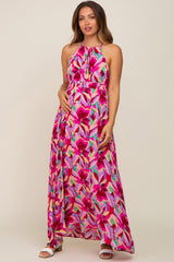 Magenta Floral Halter Shirred Maternity Maxi Dress