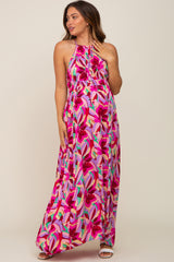 Magenta Floral Halter Shirred Maternity Maxi Dress