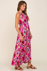 Magenta Floral Halter Shirred Maxi Dress