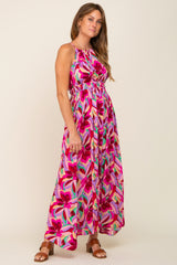 Magenta Floral Halter Shirred Maxi Dress