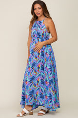 Blue Floral Halter Shirred Maternity Maxi Dress