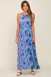 Blue Floral Halter Shirred Maxi Dress