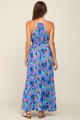 Blue Floral Halter Shirred Maxi Dress