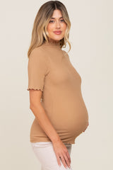 Mocha Fitted Lettuce Trim Maternity Top