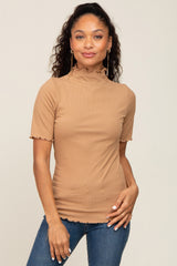 Mocha Fitted Lettuce Trim Maternity Top