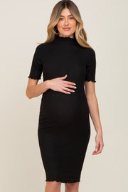 Black Ribbed Mock Neck Fitted Maternity Midi Dress