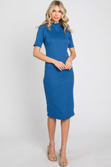 Blue Ribbed Mock Neck Fitted Maternity Midi Dress