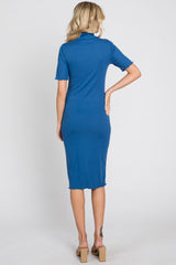 Blue Ribbed Mock Neck Fitted Midi Dress