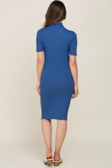 Blue Ribbed Mock Neck Fitted Maternity Midi Dress