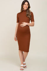 Rust Ribbed Mock Neck Fitted Maternity Midi Dress