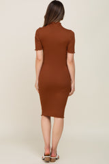 Rust Ribbed Mock Neck Fitted Maternity Midi Dress