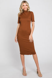 Rust Ribbed Mock Neck Fitted Midi Dress