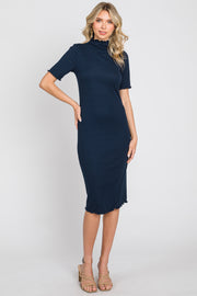 Navy Ribbed Mock Neck Fitted Midi Dress