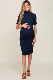 Navy Ribbed Mock Neck Fitted Maternity Midi Dress