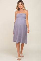 Grey Smocked Sleeveless Halter Maternity Midi Dress